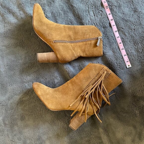 Tall Ankle Brown Suede Booties Tan Women's Size 8.5 Fringe Pointed Toe - Picture 2 of 11